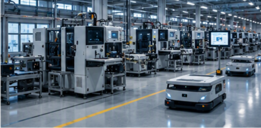 Automated factory with AGV robots